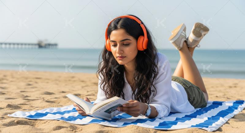 A woman in a white dress sits on the beach near the ocean, wearing orange headphones and reading a book in the warm sunset light.​