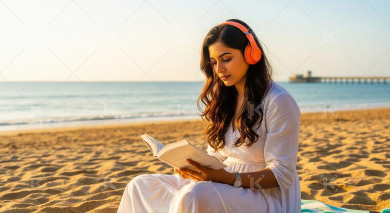 A woman in a white dress sits on the beach near the ocean, wearing orange headphones and reading a book in the warm sunset light.​