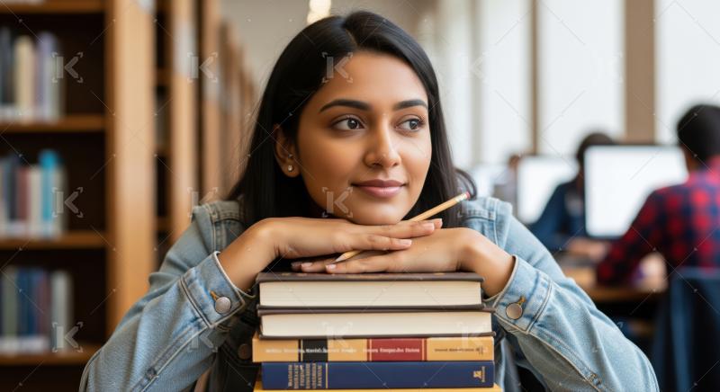 A young woman sits at a desk in the library, resting on a stack