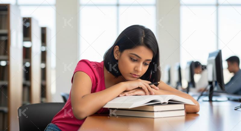 A young woman sits at a desk in the library, resting on a stack of books and studying intently with a pencil in hand.