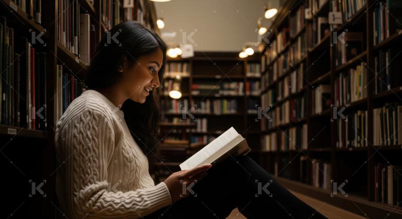 A young woman in sweater sits on the floor of a library aisle, deeply engrossed in a book surrounded by tall shelves of books.