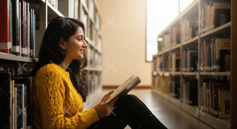 A young woman in sweater sits on the floor of a library aisle, deeply engrossed in a book surrounded by tall shelves of books.