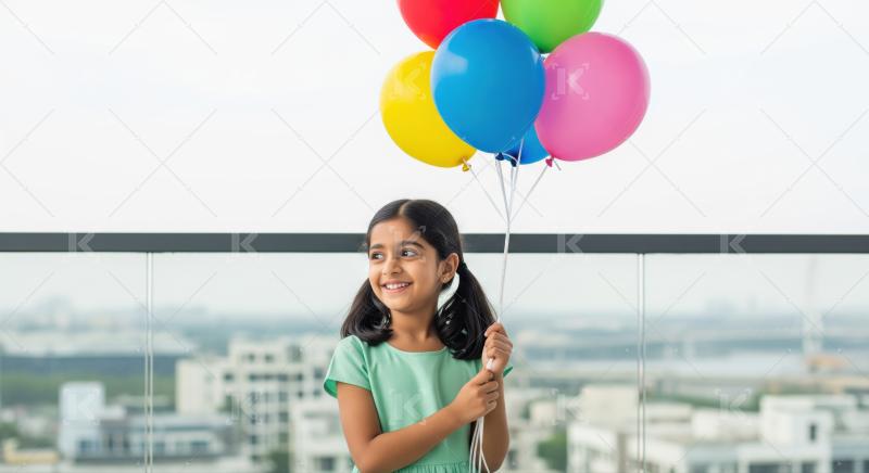 Girl with holding pink and white balloons against a light blue background.​