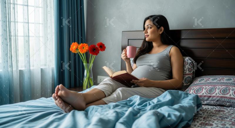 A pregnant woman sits on a bed, gently holding her belly and reading a book, with a vase of colorful flowers on a side table nearby.