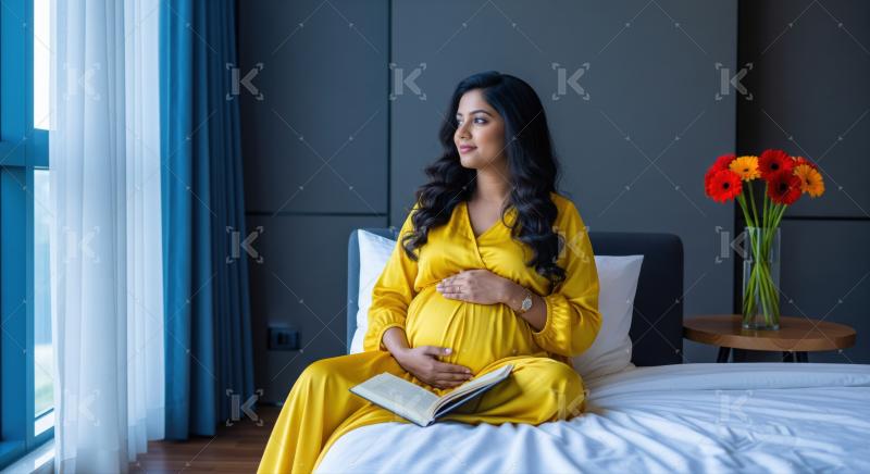 A pregnant woman sits on a bed, gently holding her belly and reading a book, with a vase of colorful flowers on a side table nearby.