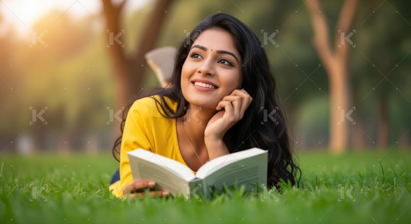 A young Indian woman lies on the grass in a park, smiling and reading a book on a sunny day.