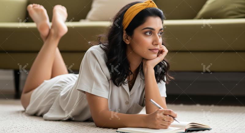 A young woman comfortably on a carpeted floor, writing in a notebook while deep in thought, with a sofa in the background.