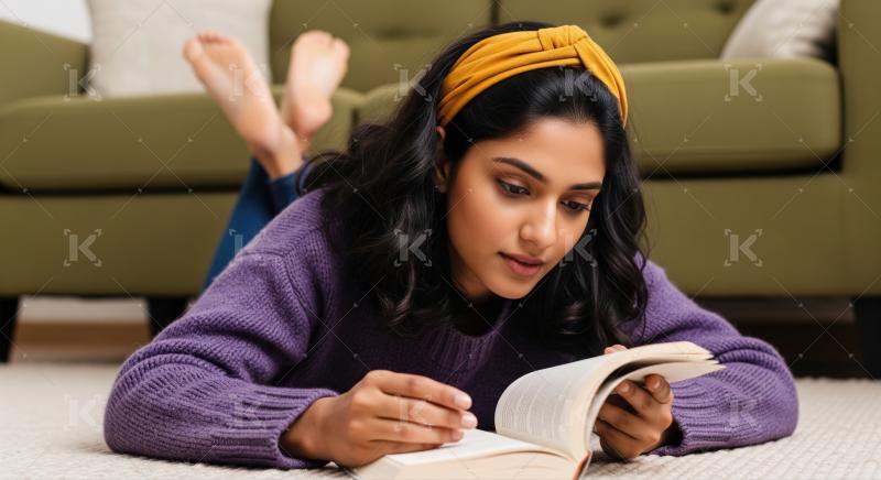 A young woman comfortably on a carpeted floor, writing in a notebook while deep in thought, with a sofa in the background.