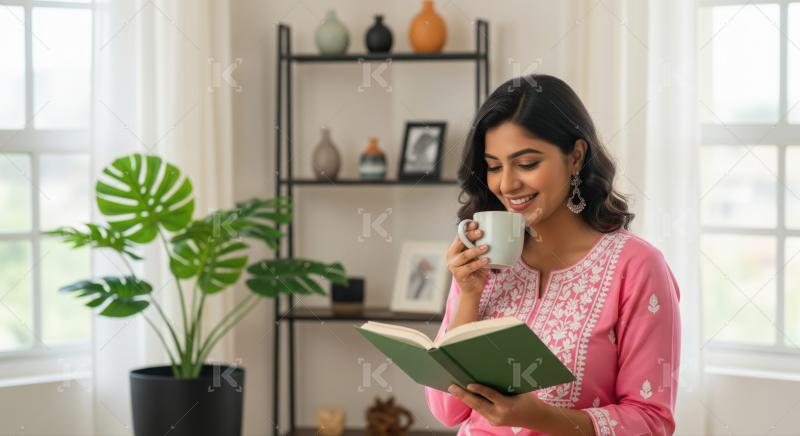 A young woman relaxes on a sofa, reading a book in a softly lit modern living room