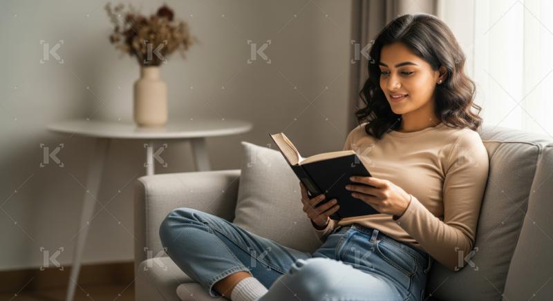 A young woman relaxes on a sofa, reading a book in a softly lit modern living room
