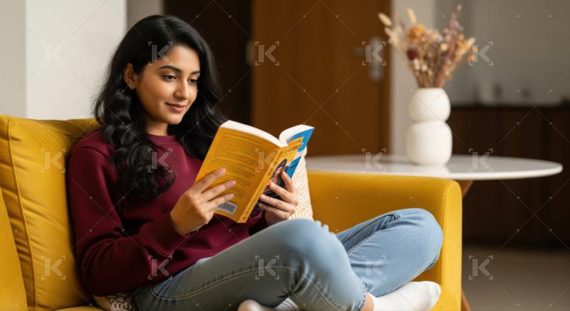 A young woman relaxes on a sofa, reading a book in a softly lit modern living room