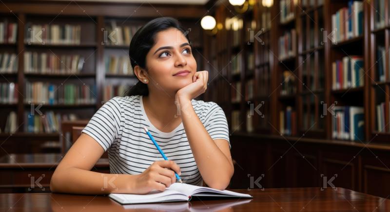 A young woman sits thoughtfully at a wooden table in a library, holding a pen and notebook with shelves of books in the background.