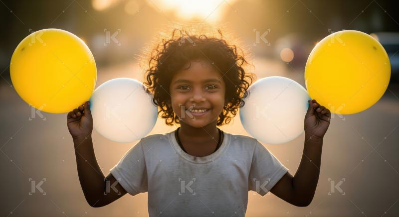 A smiling girl with curly hair holds yellow and white balloons in both hands while standing outdoors at sunset.