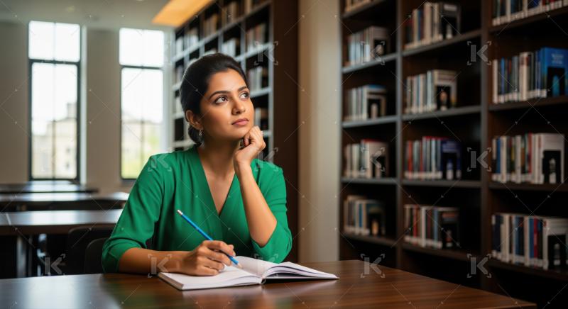 A young woman sits thoughtfully at a wooden table in a library, holding a pen and notebook with shelves of books in the background.