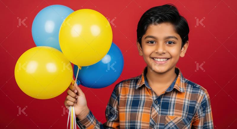 Indian boy sweater holds bright blue and yellow balloons against a plain white background.