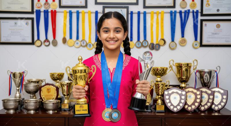 A young girl proudly displays medals and trophies in front of a cabinet filled with awards, celebrating her outstanding achievements.