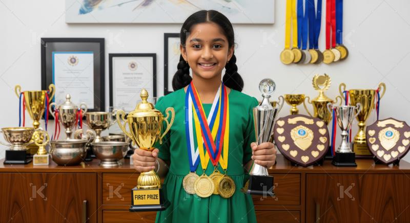 A young girl proudly displays medals and trophies in front of a cabinet filled with awards, celebrating her outstanding achievements.