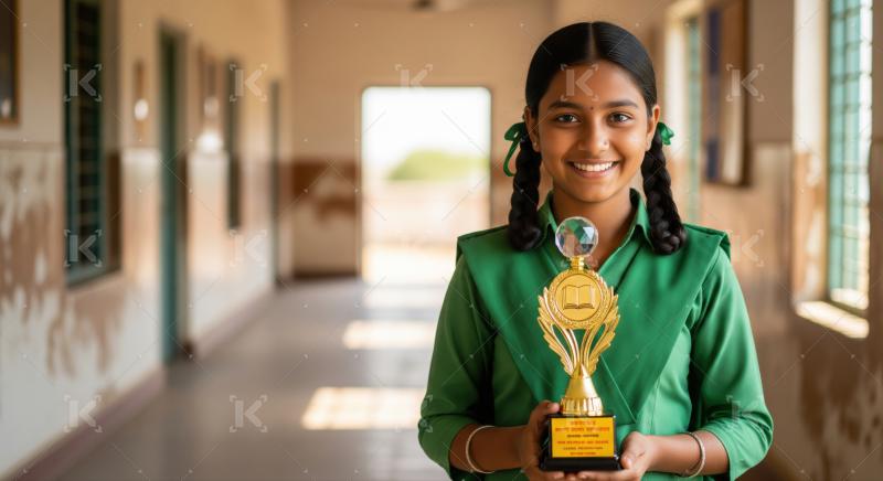 A young girl proudly displays medals and trophies in front of a cabinet filled with awards, celebrating her outstanding achievements.