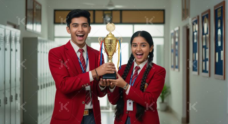 A boy and a girl in red school uniforms proudly hold a trophy together