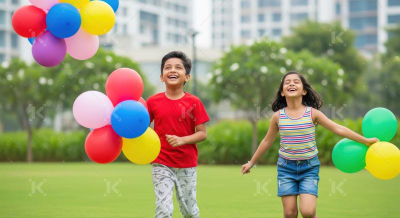Girl with a boy holding colorful balloon both smiling and playing in a lush green field.