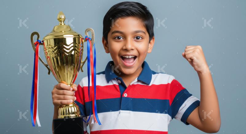 Happy indian school boy with holding winning trophy