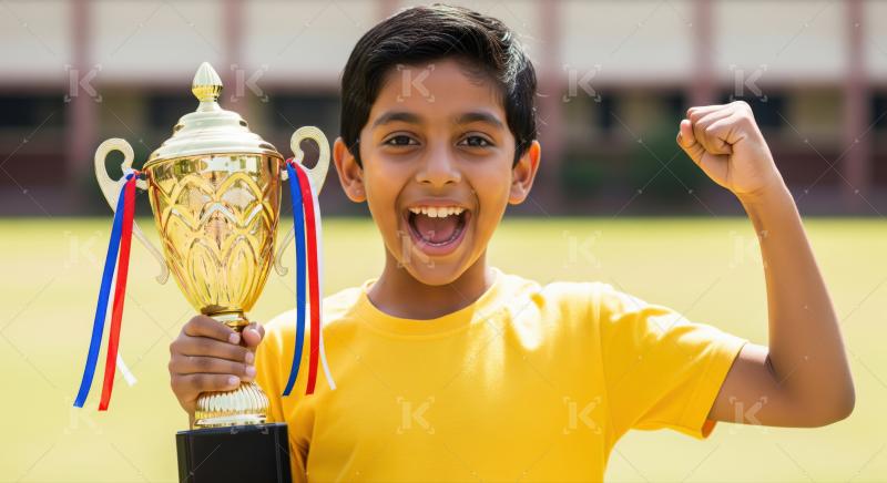 Happy indian school boy with holding winning trophy