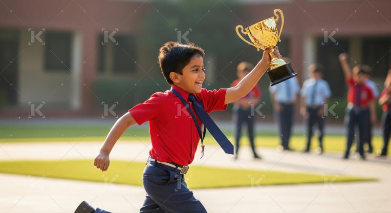 Happy indian school boy with holding winning trophy