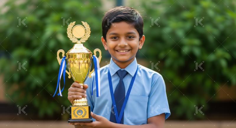 Happy indian school boy with holding winning trophy