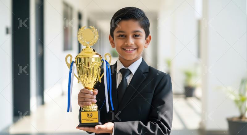 Happy indian school boy with holding winning trophy