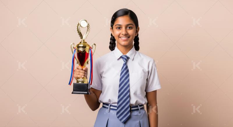 A schoolgirl in uniform smiles while holding a trophy, celebrating her academic achievement against a plain background.
