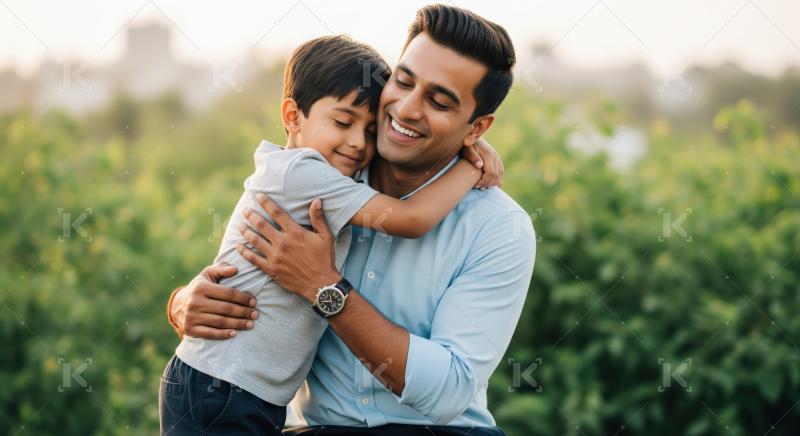 A father in a shirt lovingly hugs his son in a red shirt outdoors, sharing a joyful moment in a park with greenery in the background.