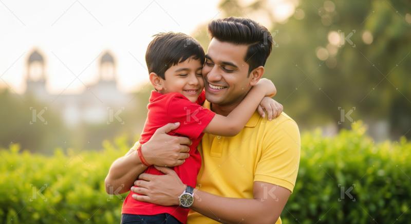 A father in a shirt lovingly hugs his son in a red shirt outdoors, sharing a joyful moment in a park with greenery in the background.