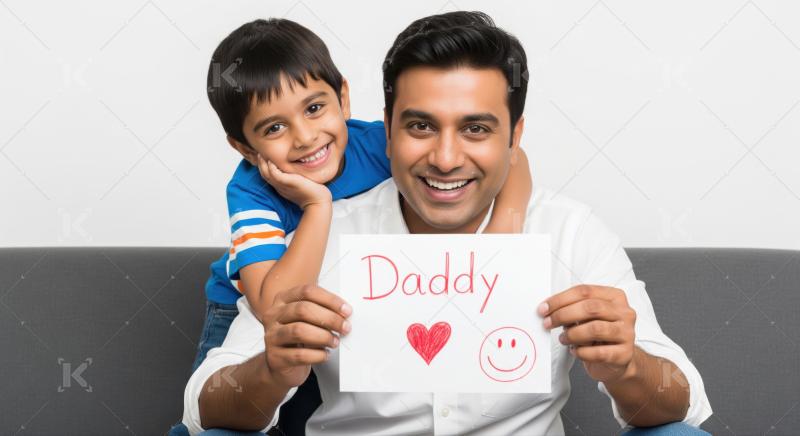 A father and son sit together on a couch, holding a handwritten sign that says “Daddy” with a heart and smiley face