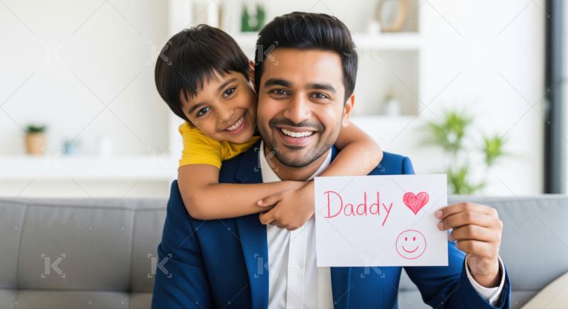 A father and son sit together on a couch, holding a handwritten sign that says “Daddy” with a heart and smiley face