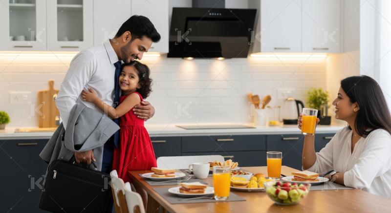 A father in business attire hugs his daughter in a red dress while a mother enjoys breakfast at a modern kitchen table with juice, fruits, and snacks.