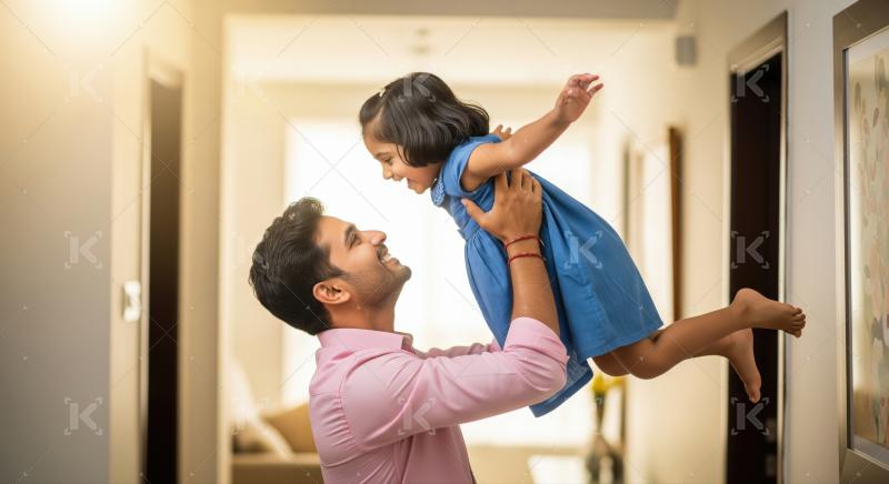 A joyful father lifts his daughter into the air outdoors, both smiling and enjoying a sunny moment together.