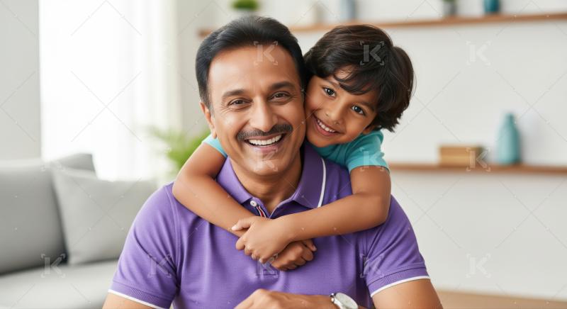 A joyful Indian father and his son hugs him from behind, both smiling warmly.