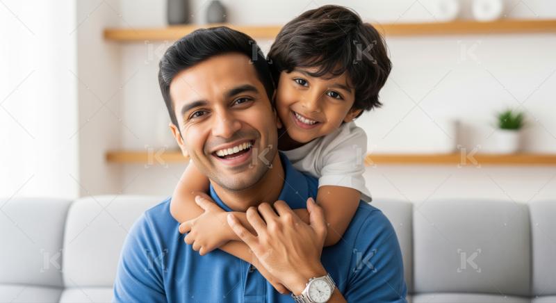 A joyful Indian father and his son hugs him from behind, both smiling warmly.