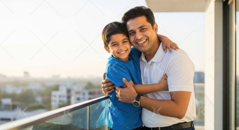 A joyful Indian father and his son hugs him from behind, both smiling warmly.