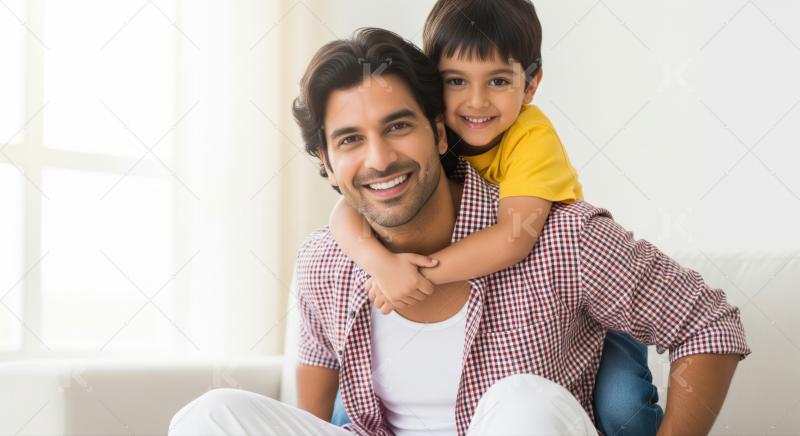 A joyful Indian father and his son hugs him from behind, both smiling warmly.