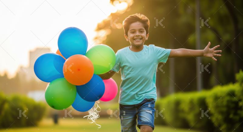 Indian boy joyfully runs down a park path, holding a bunch of colorful balloons in the warm sunlight.
