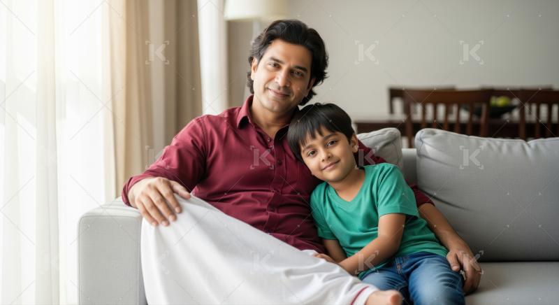 A joyful Indian father and his son hugs him from behind, both smiling warmly.