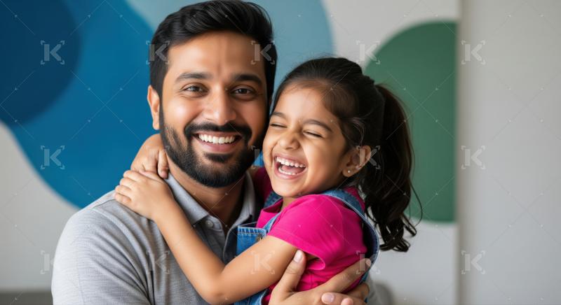 A cheerful father smiles as he hugs his laughing daughter, both enjoying a joyful moment together indoors.