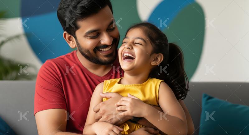 A cheerful father smiles as he hugs his laughing daughter, both enjoying a joyful moment together indoors.