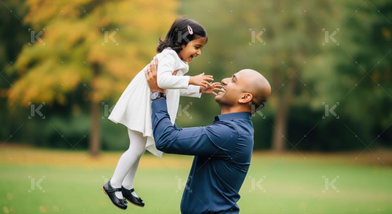 A joyful father lifts his daughter into the air outdoors, both smiling and enjoying a sunny moment together.