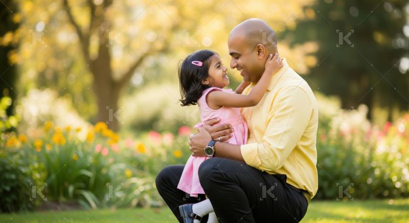 A cheerful father smiles as he hugs his laughing daughter, both enjoying a joyful moment together indoors.
