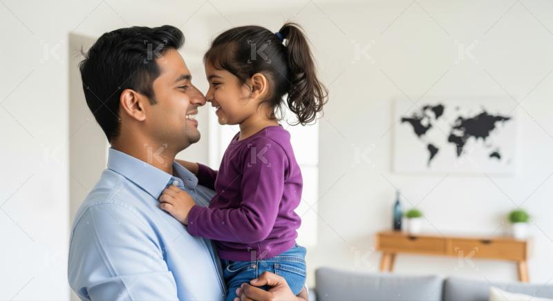 A cheerful father smiles as he hugs his laughing daughter, both enjoying a joyful moment together indoors.