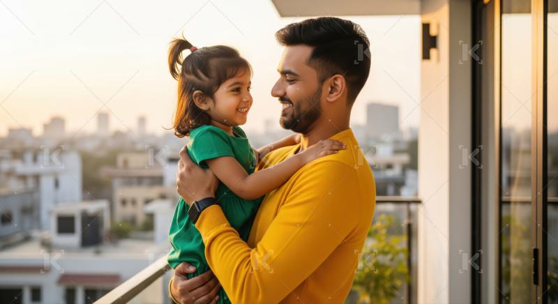 A cheerful father smiles as he hugs his laughing daughter, both enjoying a joyful moment together indoors.
