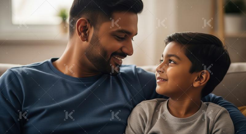 A father in a yellow shirt hugs his young son in a red sweater, sharing an affectionate and heartfelt moment