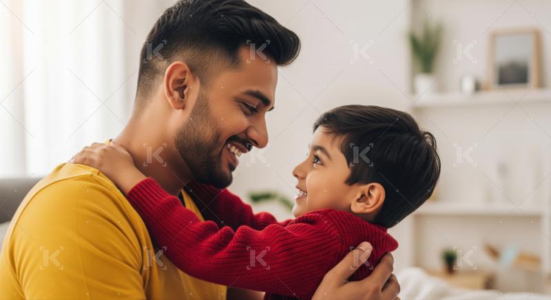 A father in a yellow shirt hugs his young son in a red sweater, sharing an affectionate and heartfelt moment